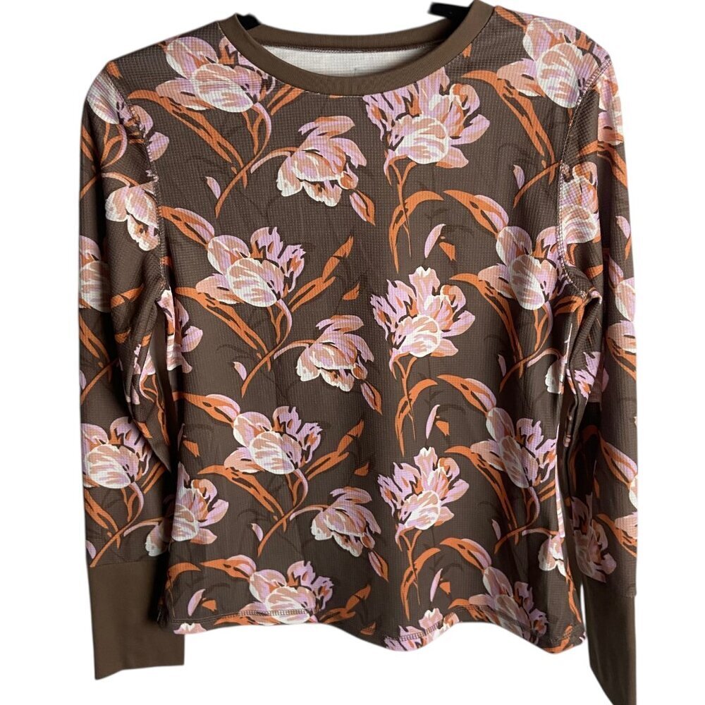 Vintage Inspired Floral Textured Waffle Knit Long Sleeve Top Casual Boho Brown - Picture 2 of 6